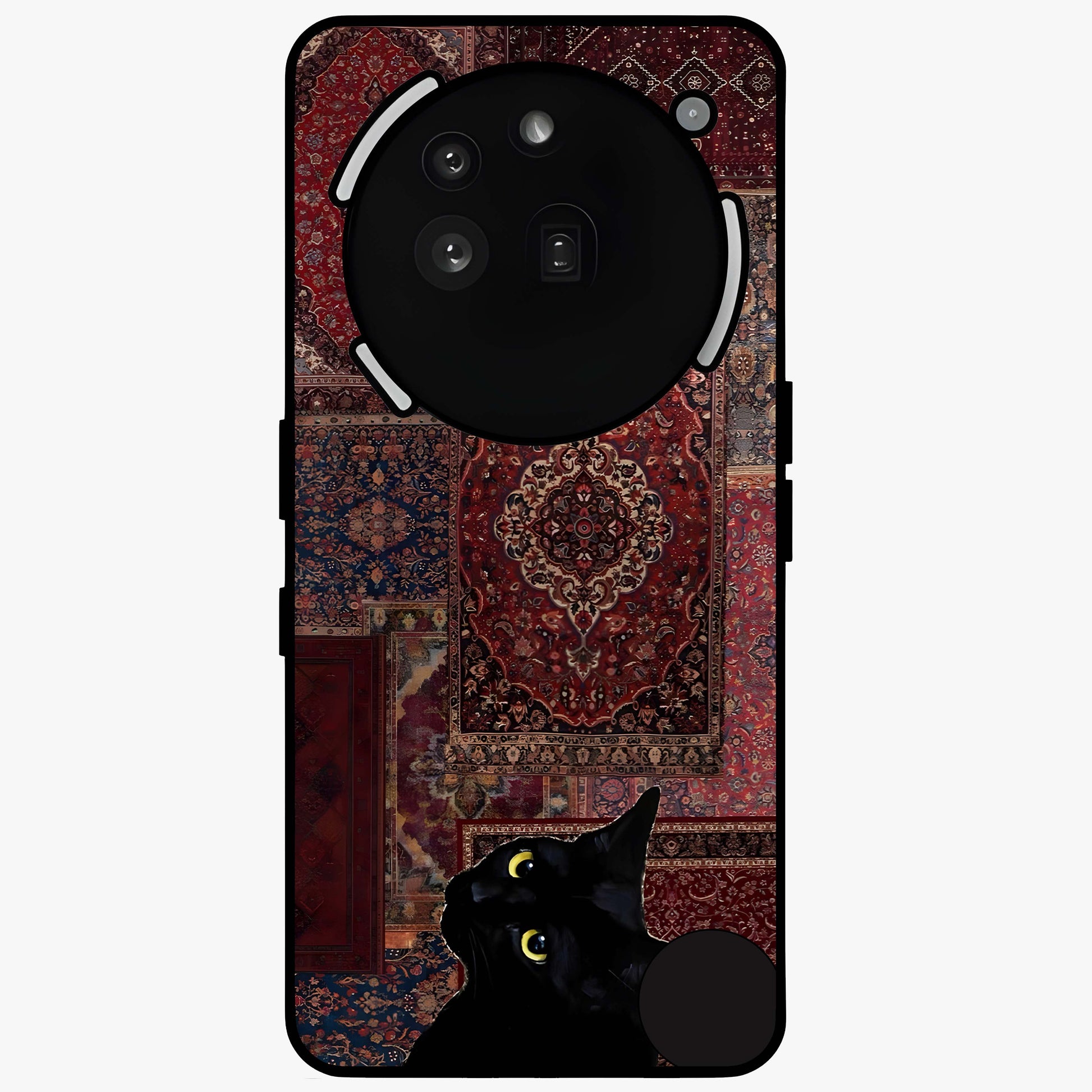 Regal Magic Cat Apple Glass Case showing flat back view with magical cat artwork holding apple and glossy glass finish.