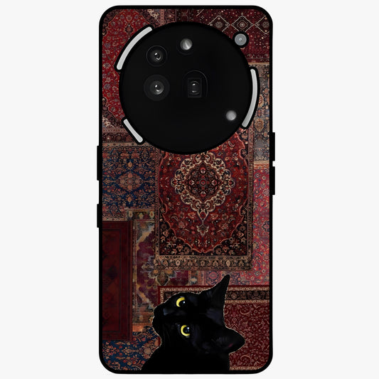 Regal Magic Cat Apple Glass Case showing flat back view with magical cat artwork holding apple and glossy glass finish.