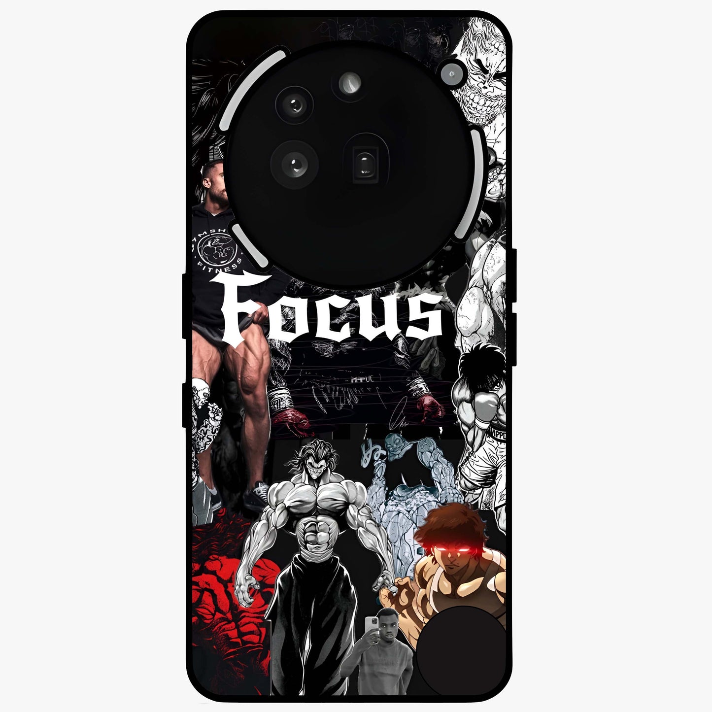 Relentless Power Focus Glass Case showing flat back view with motivational typography artwork and glossy glass finish.
