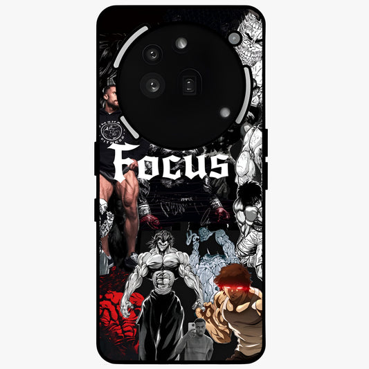 Relentless Power Focus Glass Case showing flat back view with motivational typography artwork and glossy glass finish.