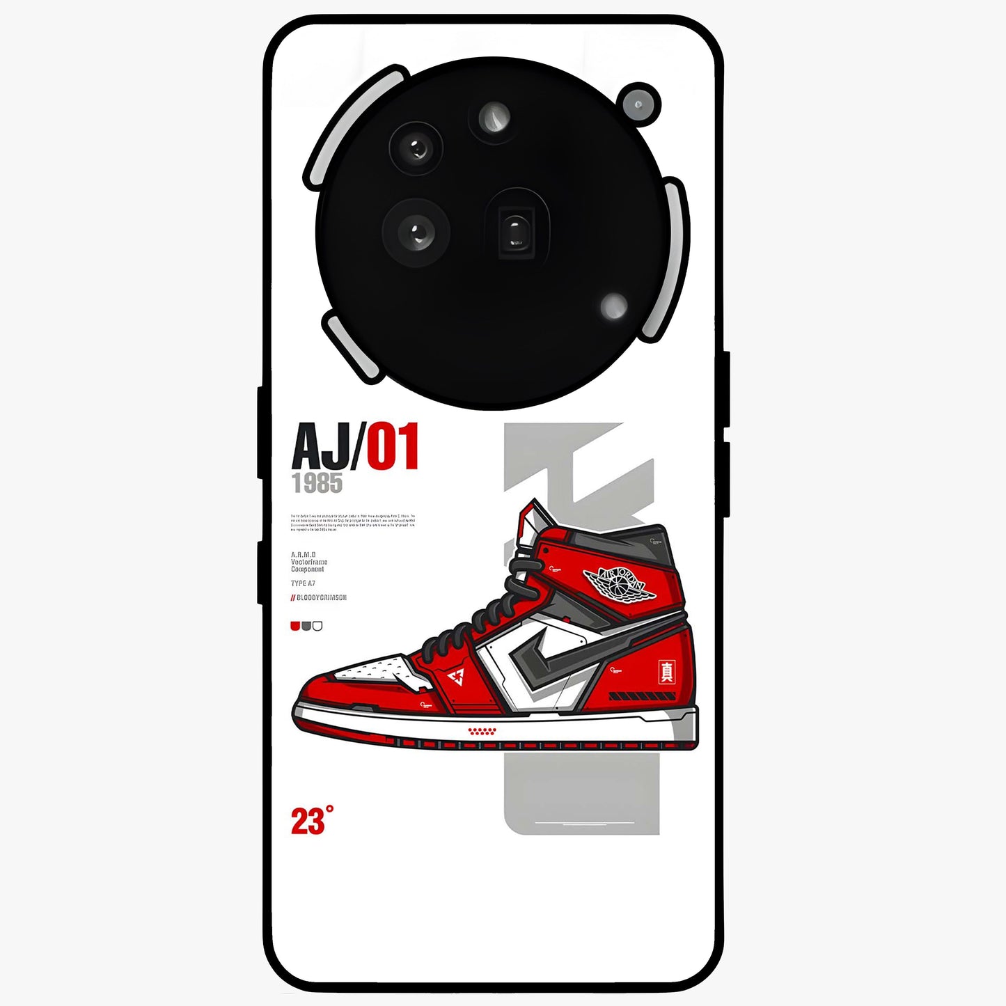 Retro Sneaker Blueprint Glass Case showing flat back view with sneaker blueprint style artwork and glossy glass finish.