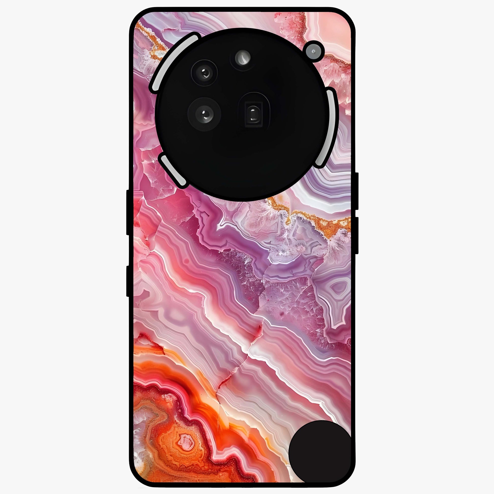 Rose Quartz Marble Glass Case showing flat back view with pink marble quartz texture artwork and glossy glass finish.