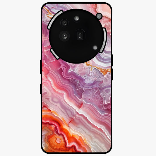 Rose Quartz Marble Glass Case showing flat back view with pink marble quartz texture artwork and glossy glass finish.