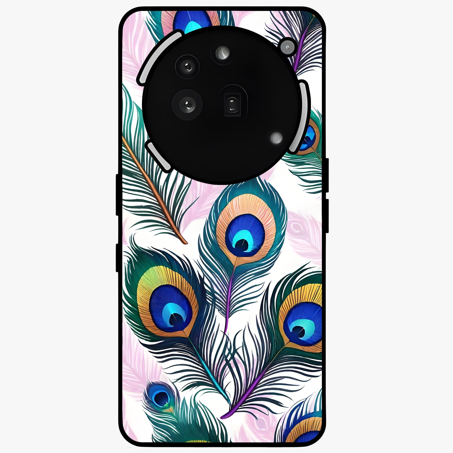 Royal Peacock Feathers Glass Case showing flat back view with colorful peacock feather artwork and glossy glass finish.