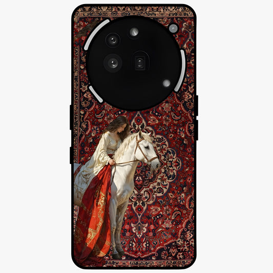 Royal Rider Tapestry Glass Case showing flat back view with majestic horse rider tapestry artwork and glossy glass finish.