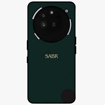 Sabr Minimal Patience Glass Case showing flat back view with minimalist typography artwork and glossy glass finish.