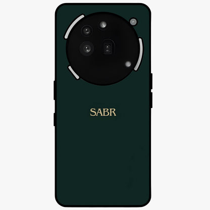 Sabr Minimal Patience Glass Case showing flat back view with minimalist typography artwork and glossy glass finish.