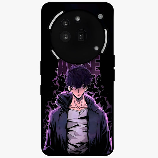 Shadow Monarch Awakening Glass Case showing flat back view with powerful dark monarch themed artwork and glossy glass finish.