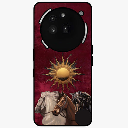 Solar Riders Glass Case showing flat back view with dynamic rider themed artwork and glossy glass finish.