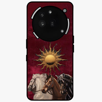 Solar Riders Glass Case showing flat back view with dynamic rider themed artwork and glossy glass finish.