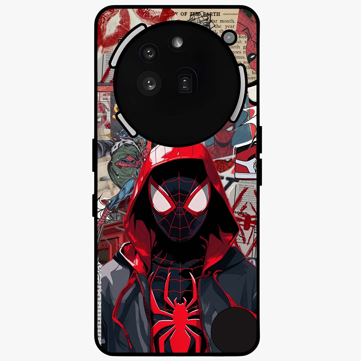 Spider Collage Street Glass Case showing flat back view with vibrant superhero collage artwork and glossy glass finish.