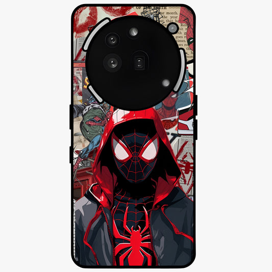 Spider Collage Street Glass Case showing flat back view with vibrant superhero collage artwork and glossy glass finish.