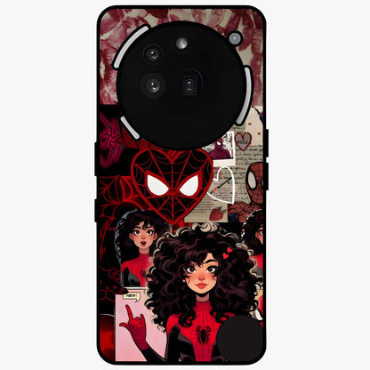 Spider Love Story Glass Case showing flat back view with romantic superhero themed artwork and glossy glass finish.