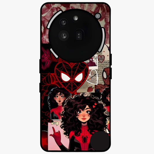 Spider Love Story Glass Case showing flat back view with romantic superhero themed artwork and glossy glass finish.