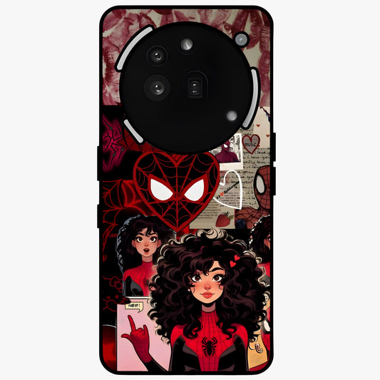 Spider Love Story Glass Case showing flat back view with romantic superhero themed artwork and glossy glass finish.