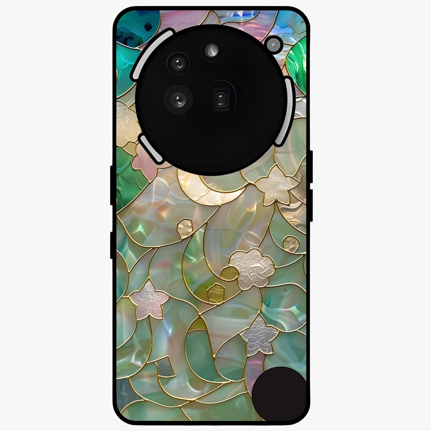 Stained Sunrise Glow Glass Case showing flat back view with glowing sunrise stained pattern artwork and glossy glass finish.