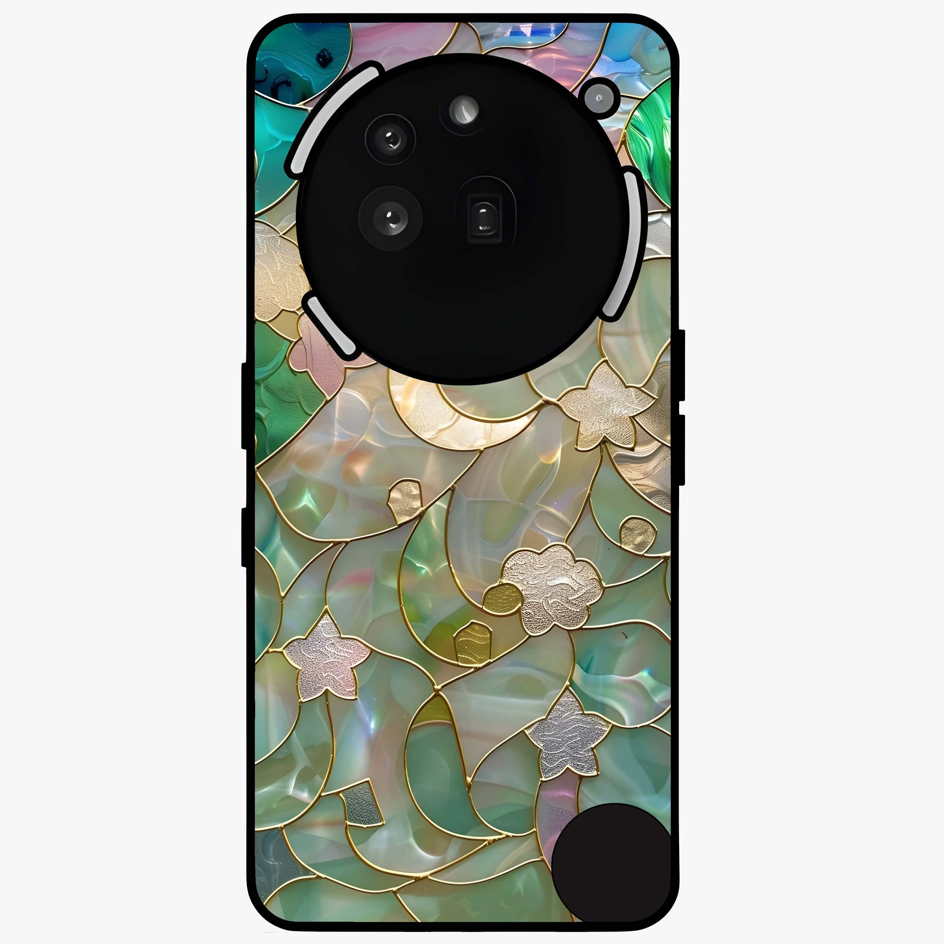 Stained Sunrise Glow Glass Case showing flat back view with glowing sunrise stained pattern artwork and glossy glass finish.