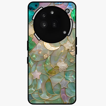 Stained Sunrise Glow Glass Case showing flat back view with glowing sunrise stained pattern artwork and glossy glass finish.