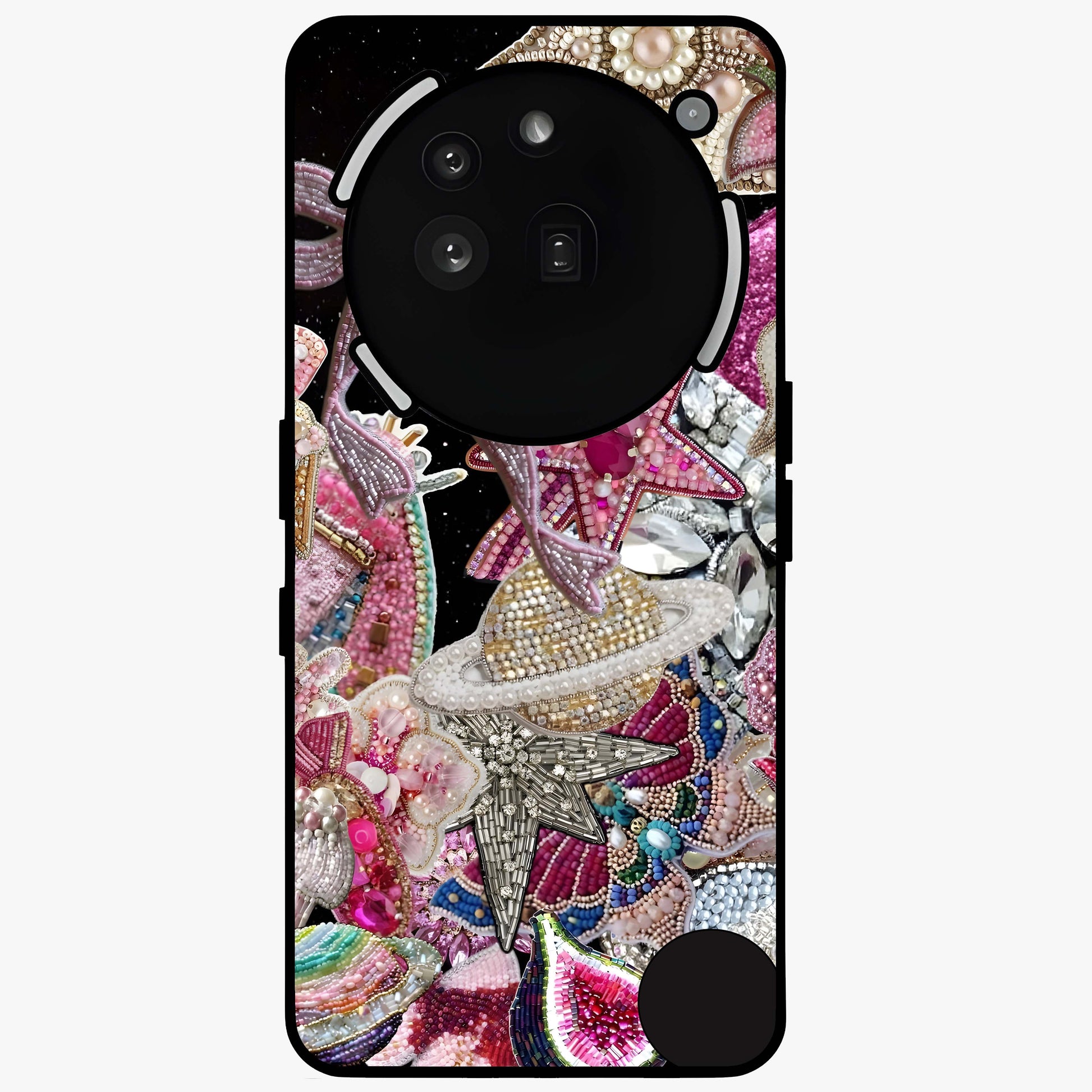 Starlit Jewel Dream Glass Case showing flat back view with sparkling jewel and star themed artwork and glossy glass finish.
