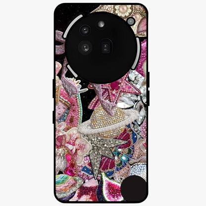 Starlit Jewel Dream Glass Case showing flat back view with sparkling jewel and star themed artwork and glossy glass finish.