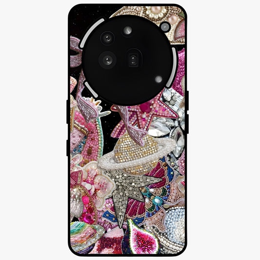Starlit Jewel Dream Glass Case showing flat back view with sparkling jewel and star themed artwork and glossy glass finish.
