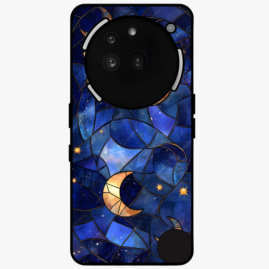 Starlit Sky Tapestry Glass Case showing flat back view with decorative starry sky tapestry artwork and glossy glass finish.