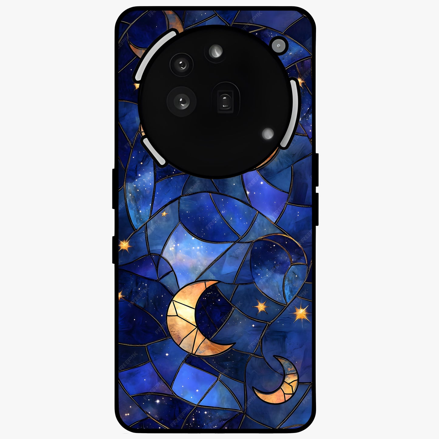 Starlit Sky Tapestry Glass Case showing flat back view with decorative starry sky tapestry artwork and glossy glass finish.