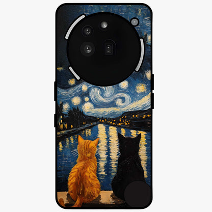 Starry River Cats Glass Case showing flat back view with cats by a starry river artwork and glossy glass finish.