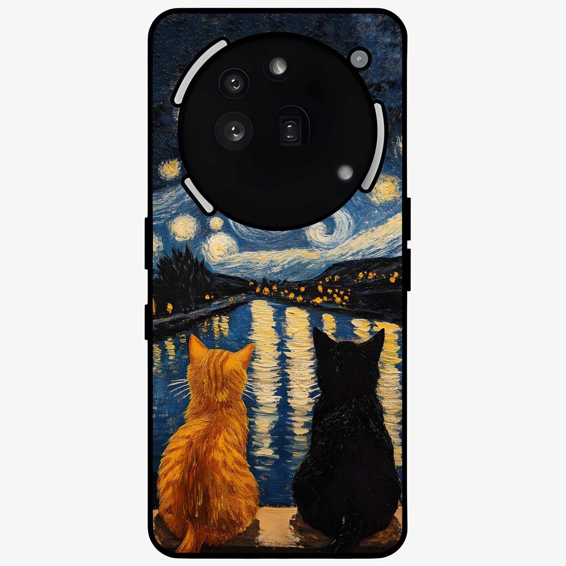 Starry River Cats Glass Case showing flat back view with cats by a starry river artwork and glossy glass finish.