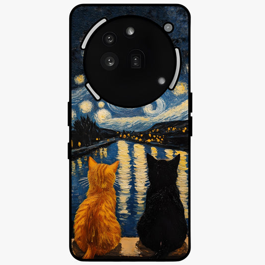 Starry River Cats Glass Case showing flat back view with cats by a starry river artwork and glossy glass finish.