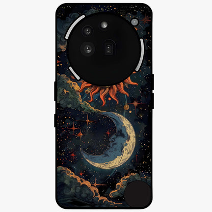 Sun And Moon Magic Design Glass Case showing flat back view with mystical sun and moon artwork and glossy glass finish.