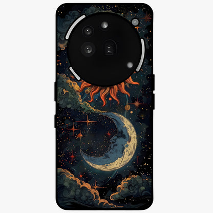 Sun And Moon Magic Design Glass Case showing flat back view with mystical sun and moon artwork and glossy glass finish.
