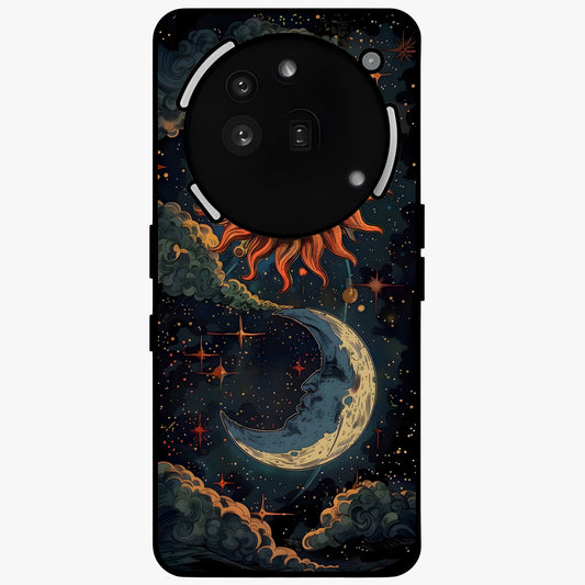 Sun And Moon Magic Design Glass Case showing flat back view with mystical sun and moon artwork and glossy glass finish.