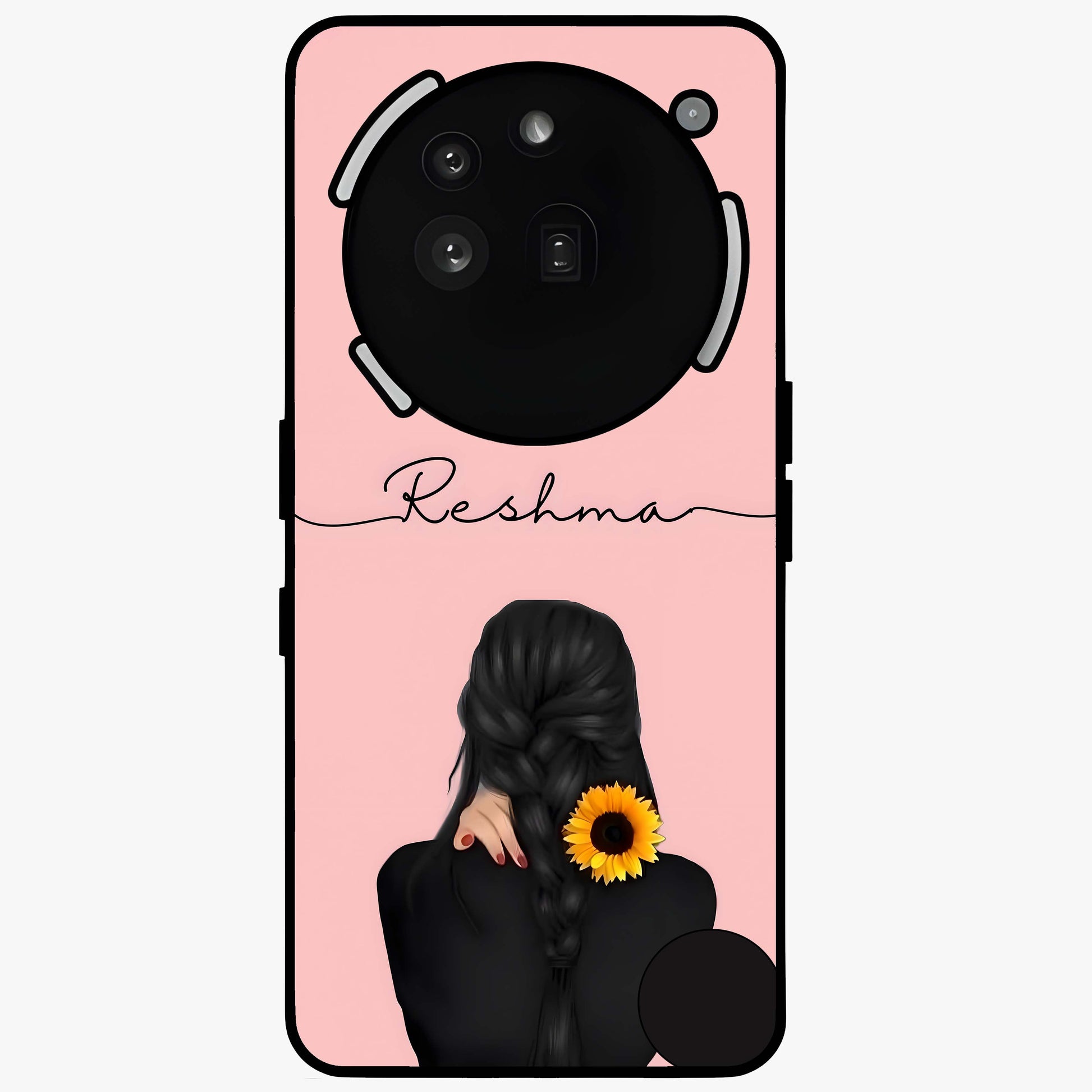 Sunflower Braid Beauty With Custom Name Glass Case showing flat back view with sunflower braid artwork and personalized name design.