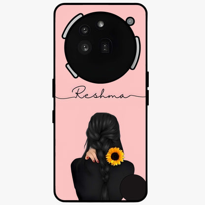 Sunflower Braid Beauty With Custom Name Glass Case showing flat back view with sunflower braid artwork and personalized name design.