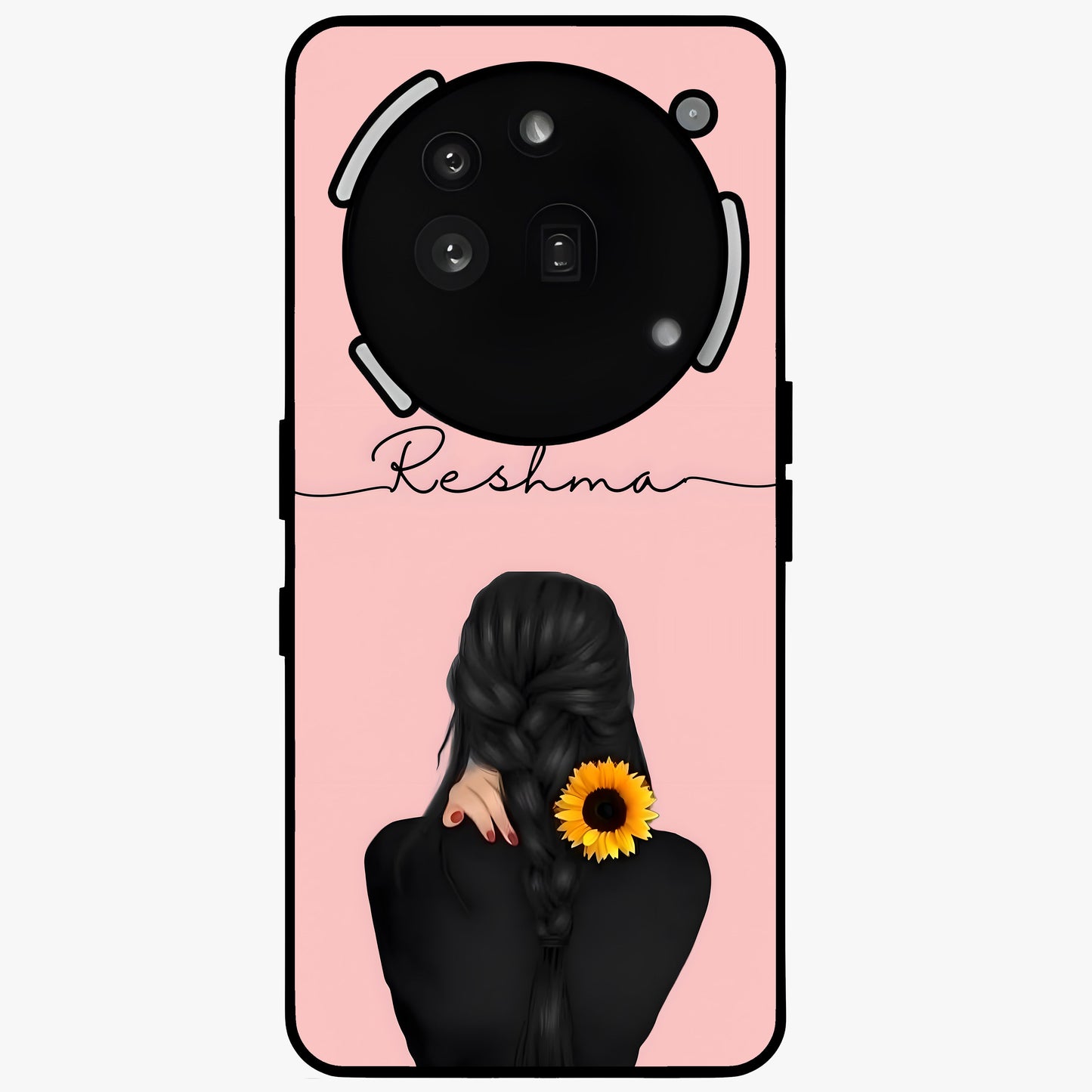 Sunflower Braid Beauty With Custom Name Glass Case showing flat back view with sunflower braid artwork and personalized name design.