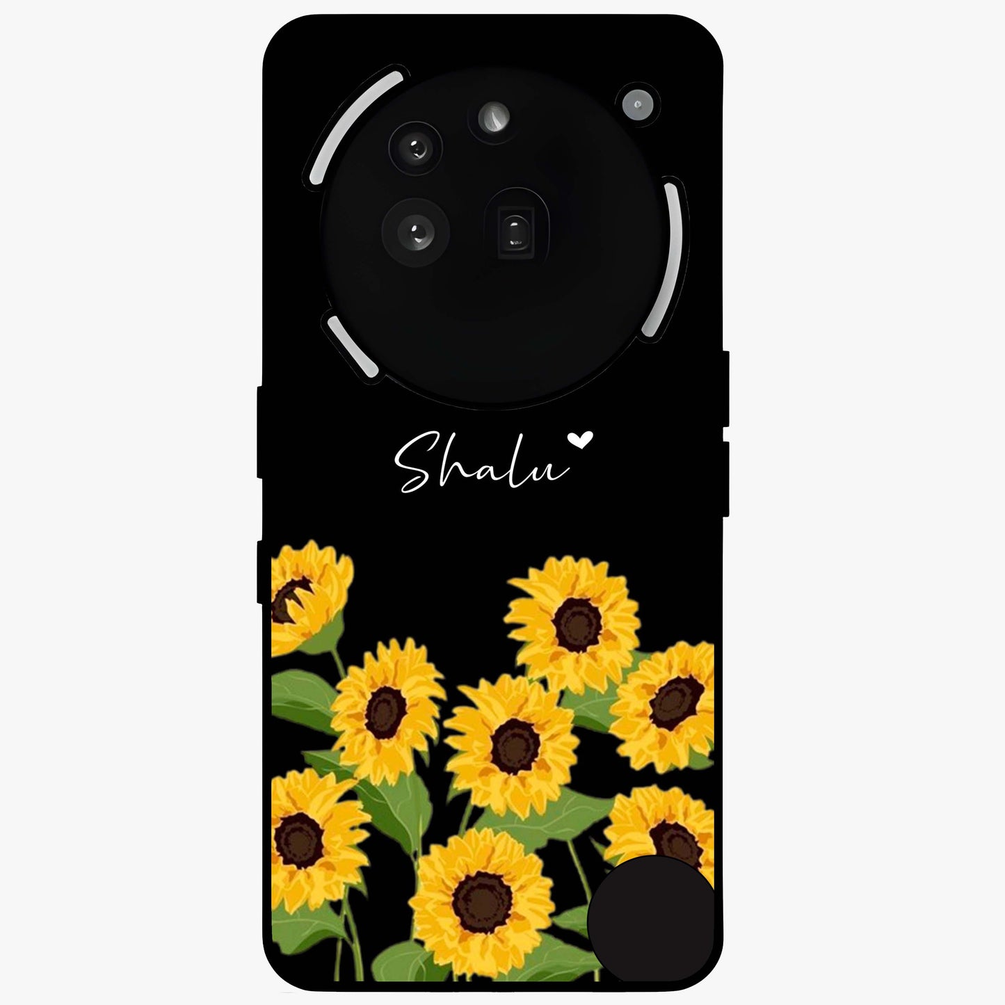 Sunflower Chic Mood Custom Name Glass Case showing flat back view with stylish sunflower artwork and personalized name design.