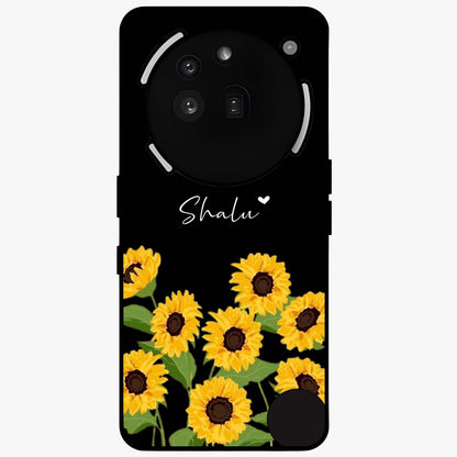 Sunflower Chic Mood Custom Name Glass Case showing flat back view with stylish sunflower artwork and personalized name design.