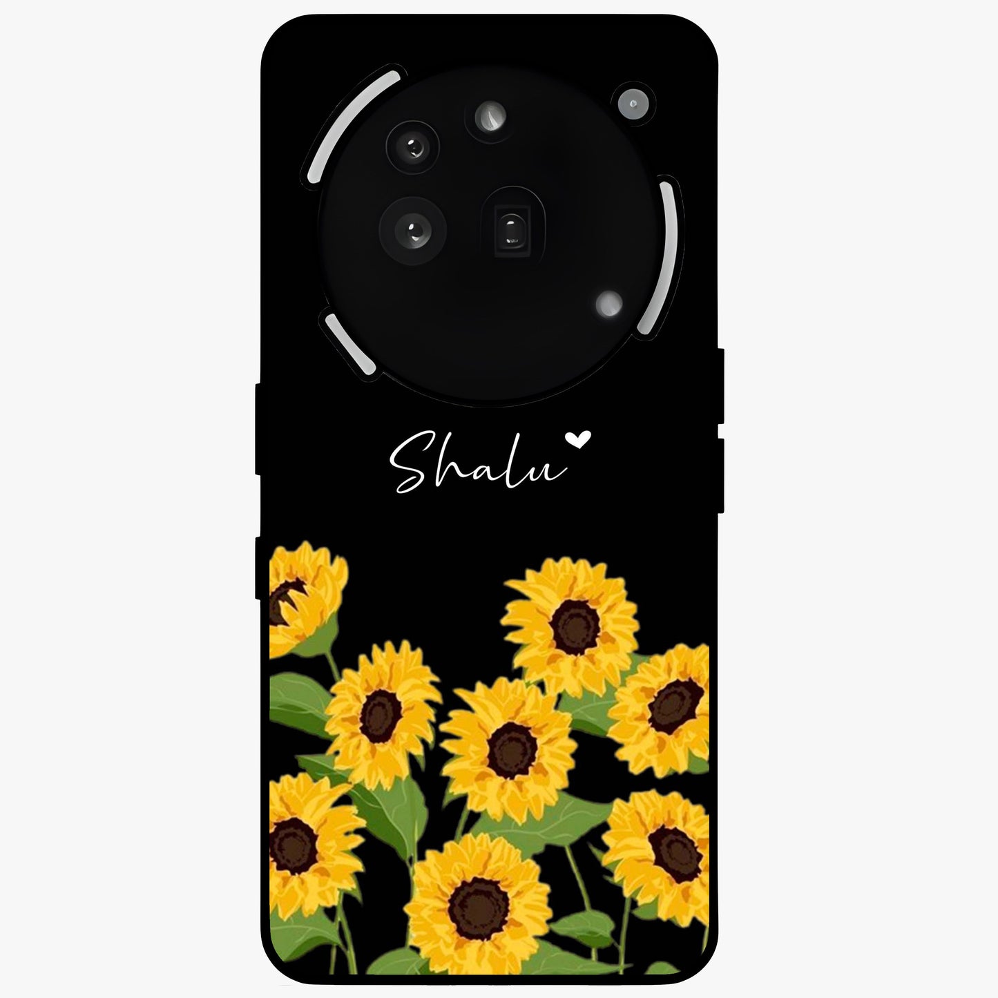 Sunflower Chic Mood Custom Name Glass Case showing flat back view with stylish sunflower artwork and personalized name design.