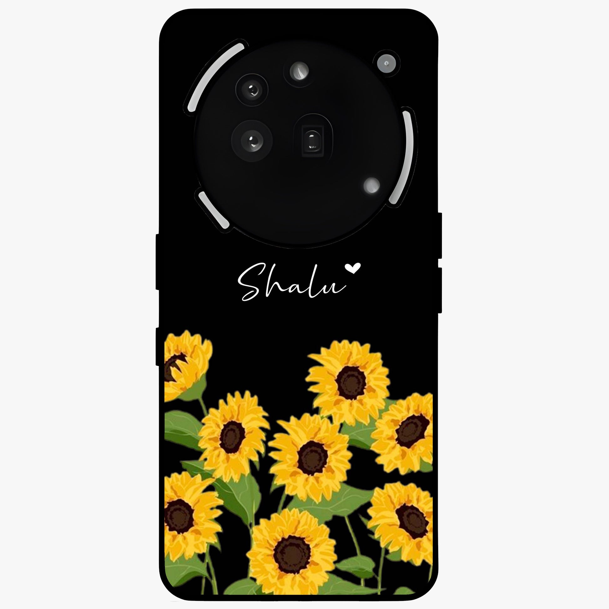Sunflower Chic Mood Custom Name Glass Case showing flat back view with stylish sunflower artwork and personalized name design.