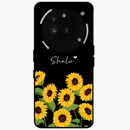 Sunflower Chic Mood Custom Name Glass Case showing flat back view with stylish sunflower artwork and personalized name design.