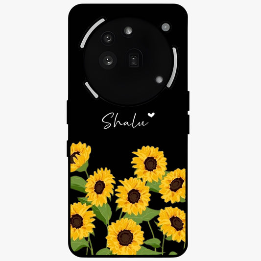 Sunflower Chic Mood Custom Name Glass Case showing flat back view with stylish sunflower artwork and personalized name design.