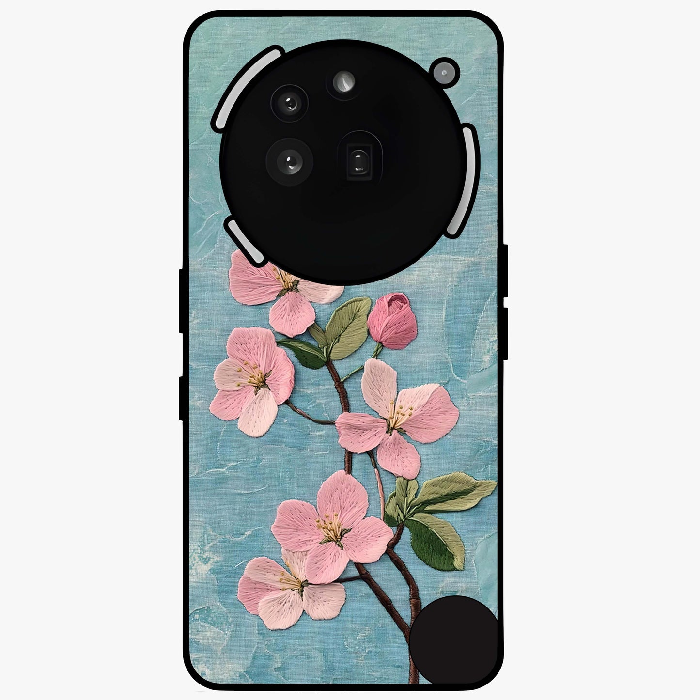 Threaded Blossom Breeze Glass Case showing flat back view with delicate blossom artwork and glossy glass finish.