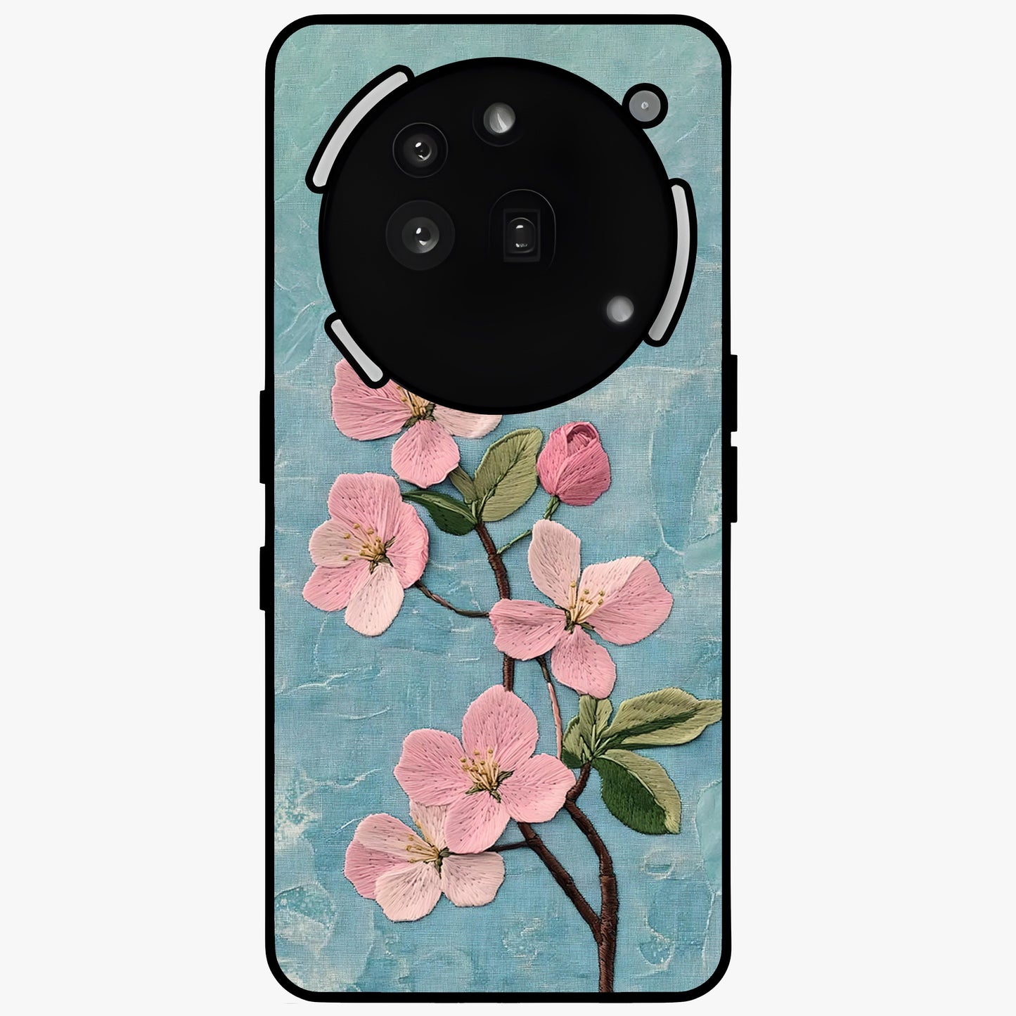 Threaded Blossom Breeze Glass Case showing flat back view with delicate blossom artwork and glossy glass finish.