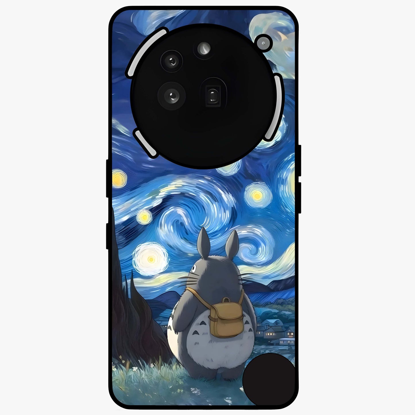 Totoro In Van Gogh Art Glass Case showing flat back view with whimsical character artwork inspired by Van Gogh style and glossy glass finish.