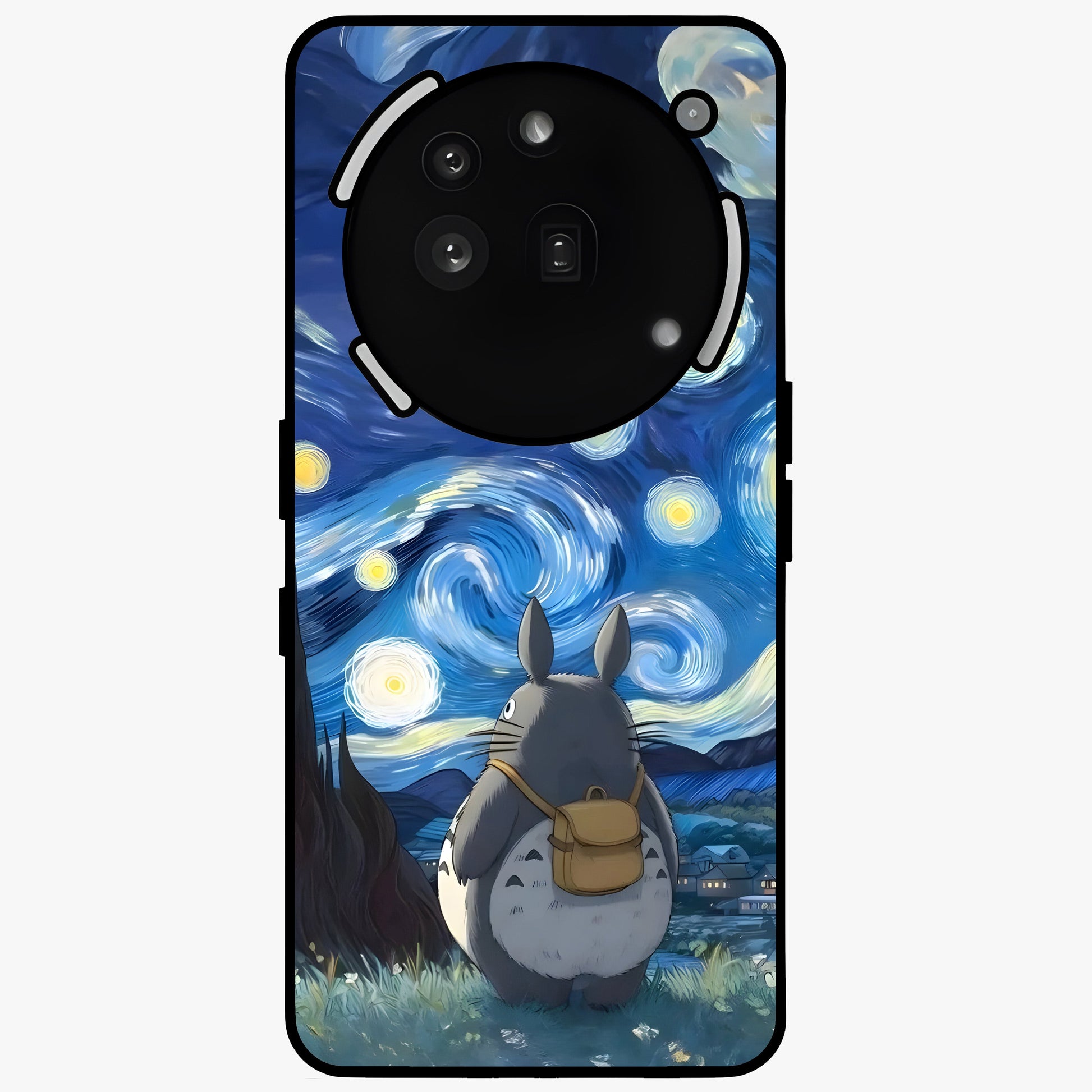 Totoro In Van Gogh Art Glass Case showing flat back view with whimsical character artwork inspired by Van Gogh style and glossy glass finish.
