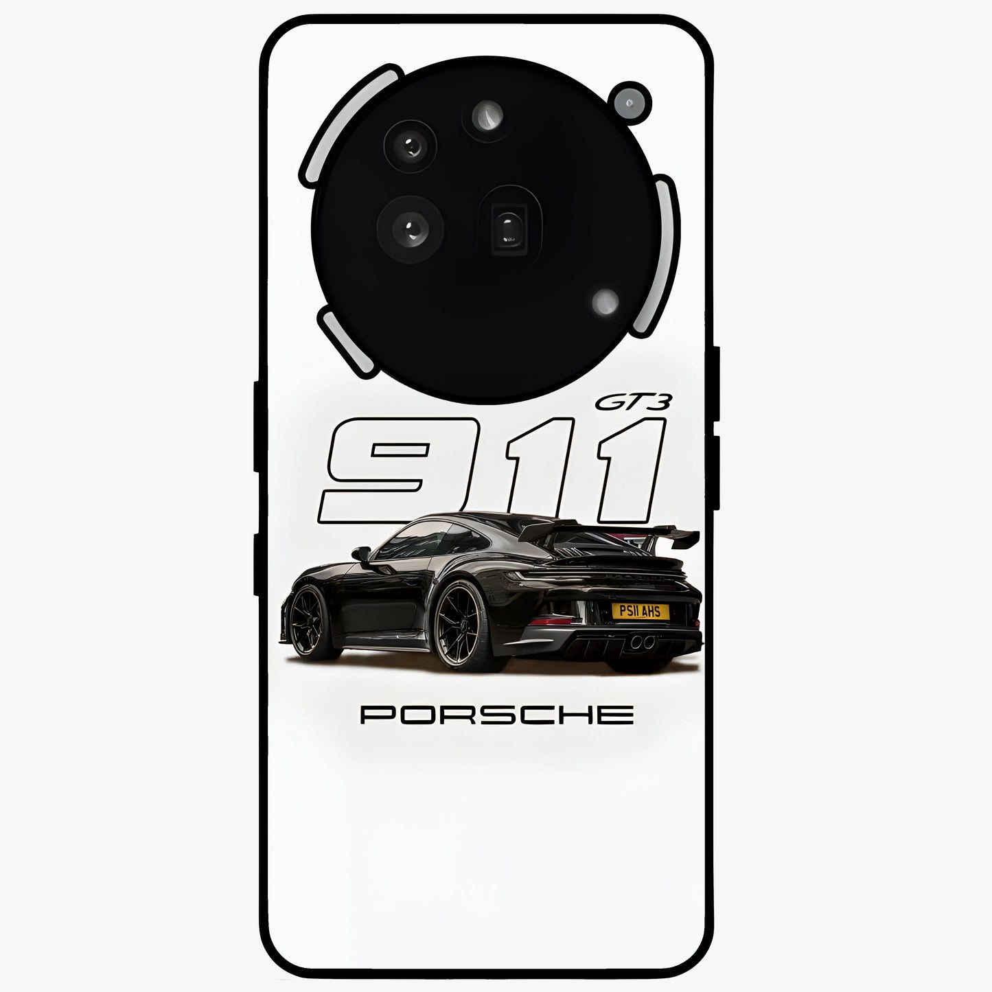 Turbo Legacy Icon Glass Case showing flat back view with iconic sports car inspired artwork and glossy glass finish.