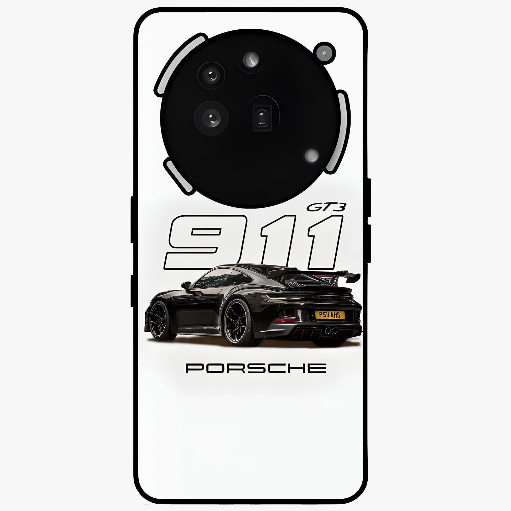 Turbo Legacy Icon Glass Case showing flat back view with iconic sports car inspired artwork and glossy glass finish.