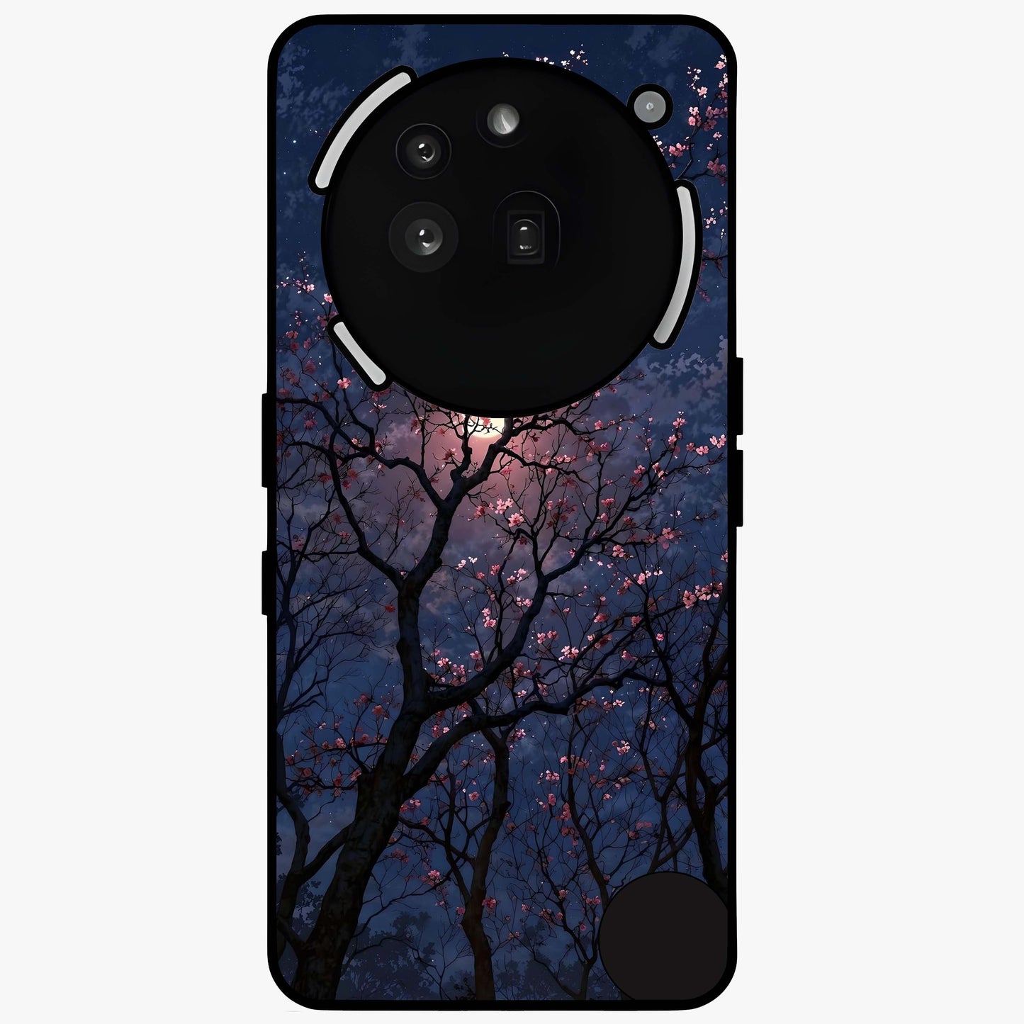 Twilight Sakura Serenade Glass Case showing flat back view with cherry blossom artwork at twilight and glossy glass finish.