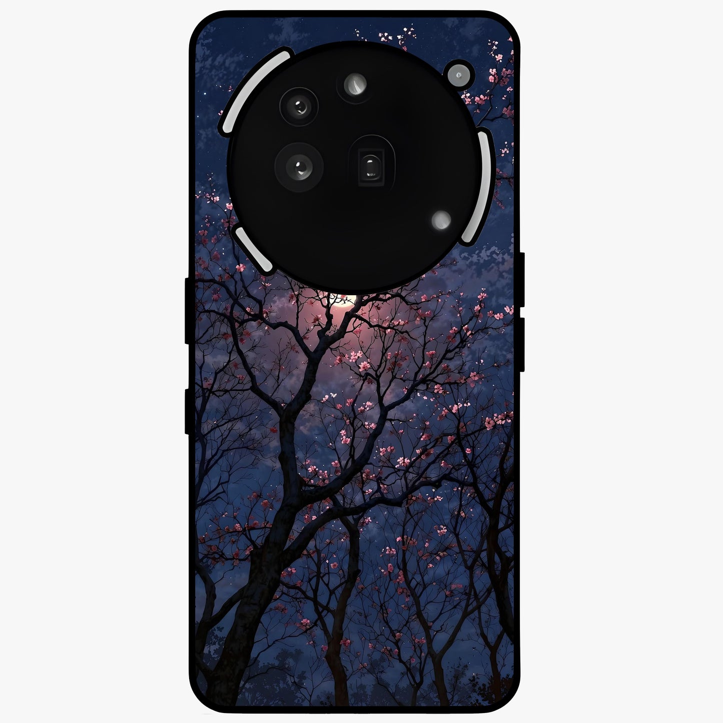 Twilight Sakura Serenade Glass Case showing flat back view with cherry blossom artwork at twilight and glossy glass finish.